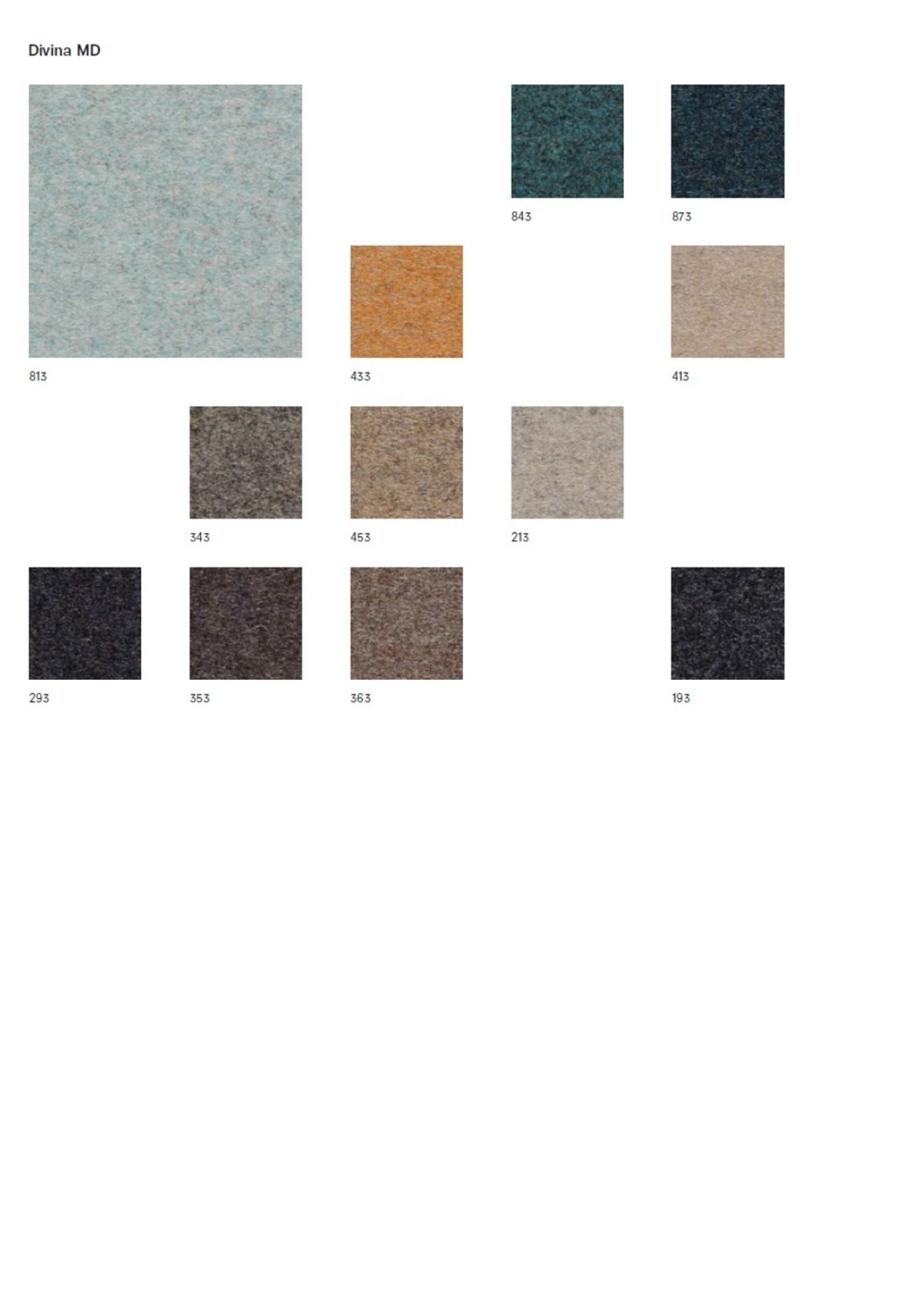 Stoffmusterkarte Divina MD von Kvadrat mit verschiedenen Farbvarianten und Nummern für Möbelstoffe.